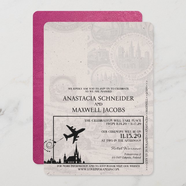 Magenta Pink Poland Passport Wedding Invitation (Front/Back)