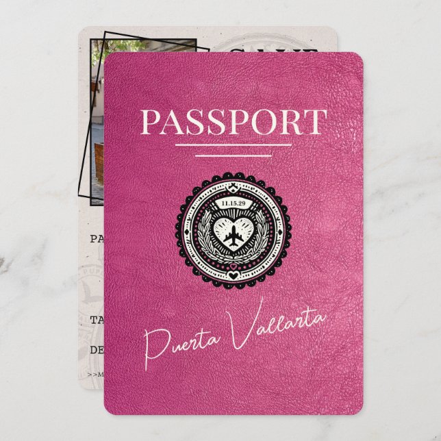 Magenta Pink Puerta Vallarta Passport Save The Date (Front/Back)