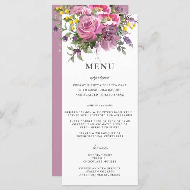Magenta Pink Purple Floral Boho Slim Wedding Menu (Front/Back)