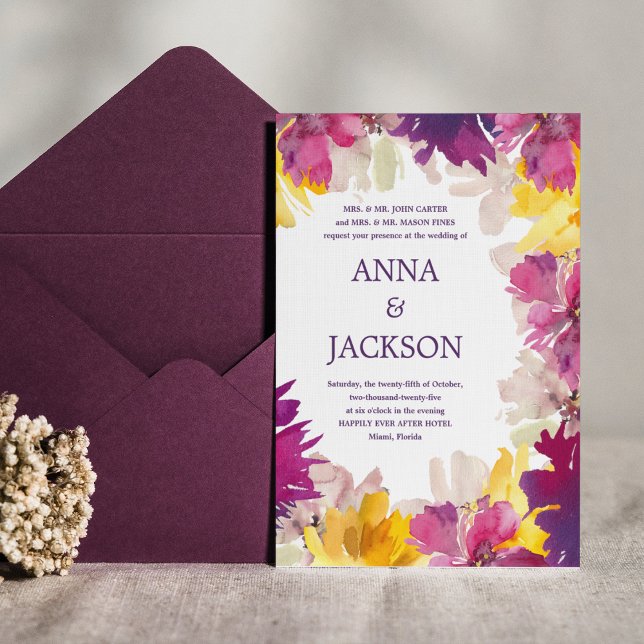 Magenta Pink Purple Foral Botanical Garden Wedding Invitation (Creator Uploaded)