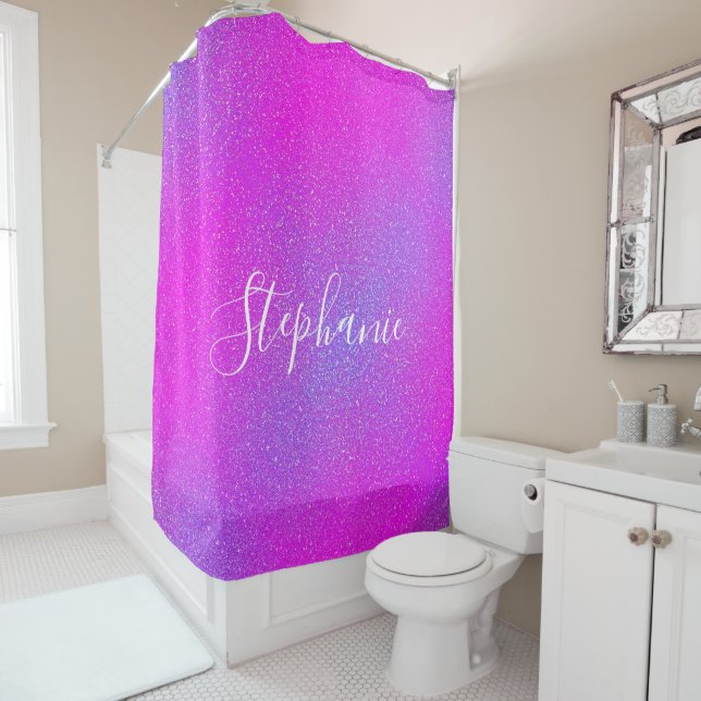 Magenta Pink Purple Ombre Glitter Custom Name Shower Curtain (In Situ)