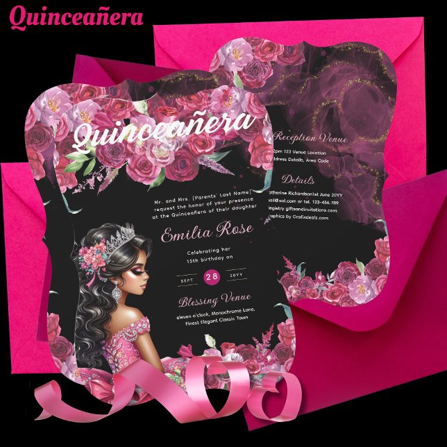 Magenta Pink Quinceanera Dress Floral Invitation (Creator Uploaded)