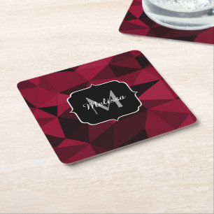 Magenta pink red black geometry pattern Monogram Square Paper Coaster