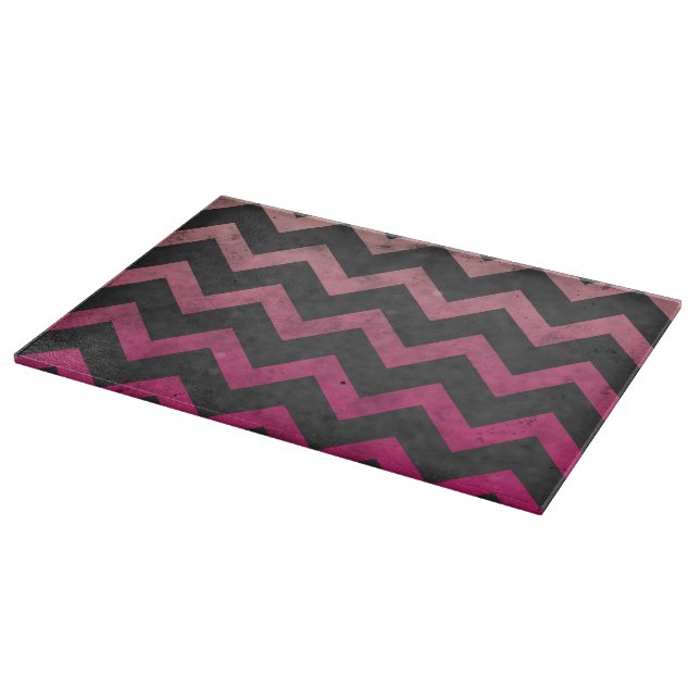 Magenta pink red ombre dark grey chevron pattern cutting board (Corner)