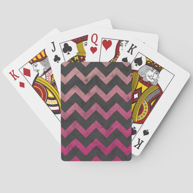 Magenta pink red ombre dark grey chevron pattern playing cards (Back)