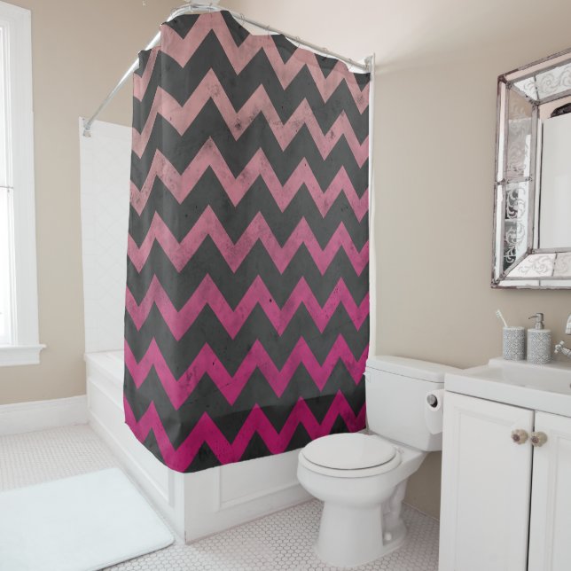 Magenta pink red ombre dark grey chevron pattern shower curtain (In Situ)