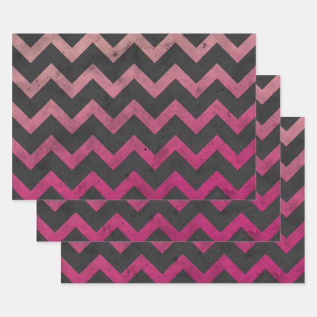 Magenta pink red ombre dark grey chevron pattern wrapping paper sheet (Set)