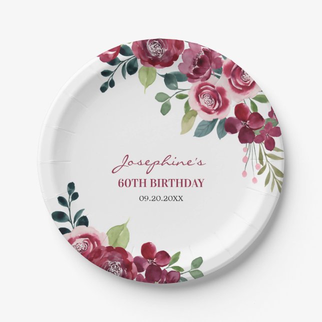 Magenta Pink Rose Floral Greenery Birthday Paper Plate (Front)