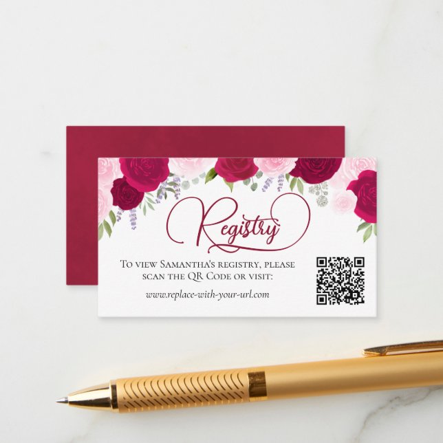 Magenta Pink Roses Bridal Shower Registry QR Code Enclosure Card (Front/Back In Situ)