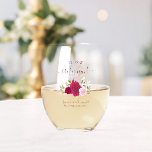 Magenta Pink Roses Bridesmaid Maid of Honour Gift Stemless Wine Glass