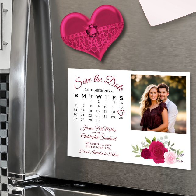 Magenta & Pink Roses Calendar Photo Save the Date Magnetic Invitation (Magnetic for Easy Display!)
