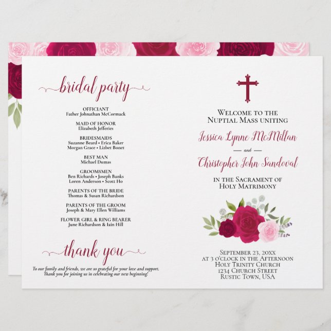 Magenta & Pink Roses Catholic Wedding Program (Front/Back)