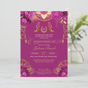 Magenta Pink Roses Country Western Quinceanera Invitation