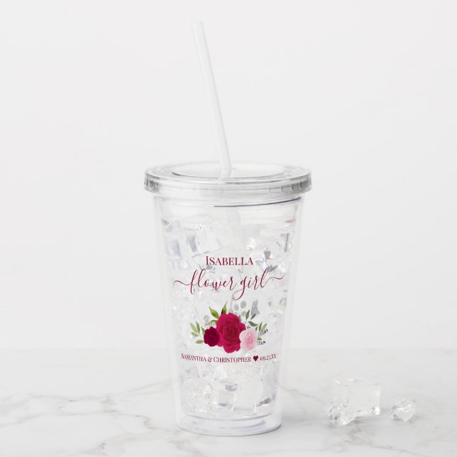 Magenta Pink Roses Elegant Flower Girl Wedding Acrylic Tumbler (Front Ice)