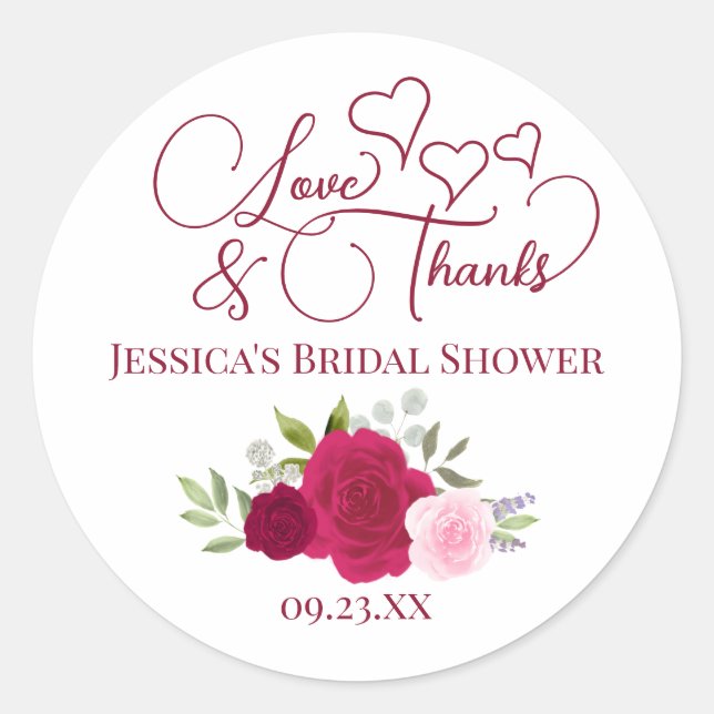 Magenta & Pink Roses Love & Thanks Bridal Shower Classic Round Sticker (Front)
