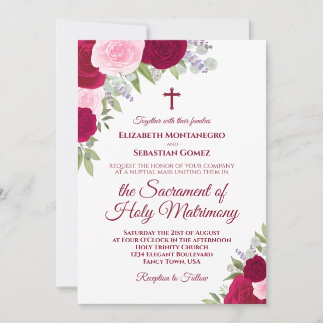 Magenta & Pink Roses Modern Catholic Wedding Invitation (Front)