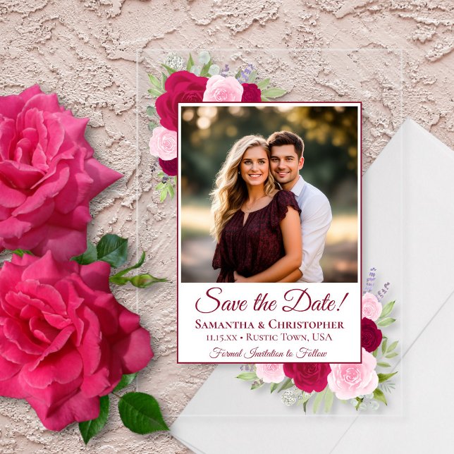 Magenta Pink Roses & Photo Wedding Save the Date Acrylic Invitations (Clear Acrylic with Rectangle Cut)