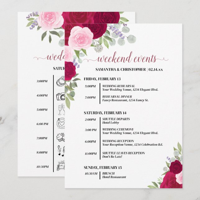 Magenta & Pink Roses Wedding Events & Timeline Programme (Front/Back)