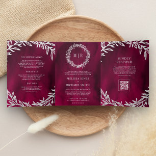 Magenta Pink Silver Leaf Branch QR Code Wedding Tri-Fold Invitation