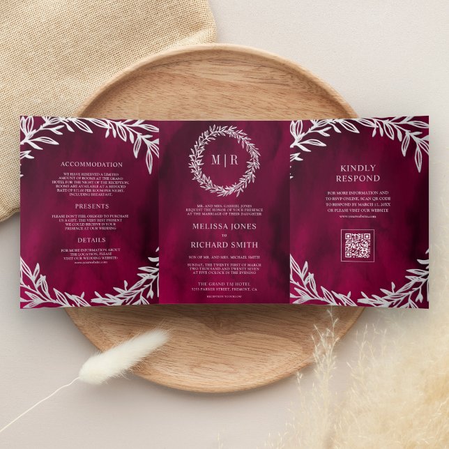 Magenta Pink Silver Leaf Branch QR Code Wedding Tri-Fold Invitation (Creator Uploaded)