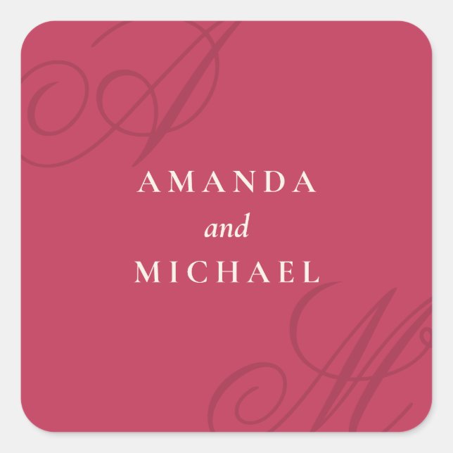 Magenta Pink Simple Elegant Monogram Wedding Square Sticker (Front)