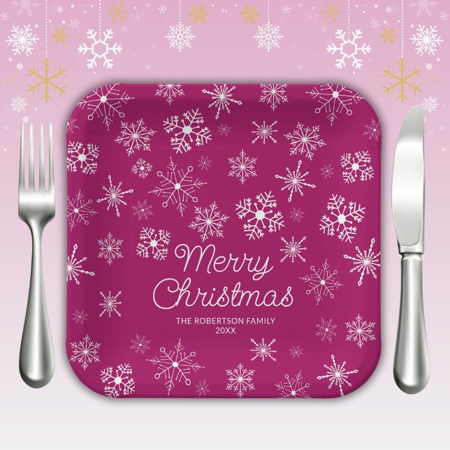 Magenta Pink Snowflakes Christmas Party Paper Plate (Creator Uploaded)