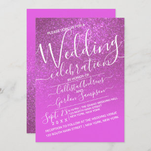 Magenta Pink Sparkly Glitter Ombre Wedding Invitation