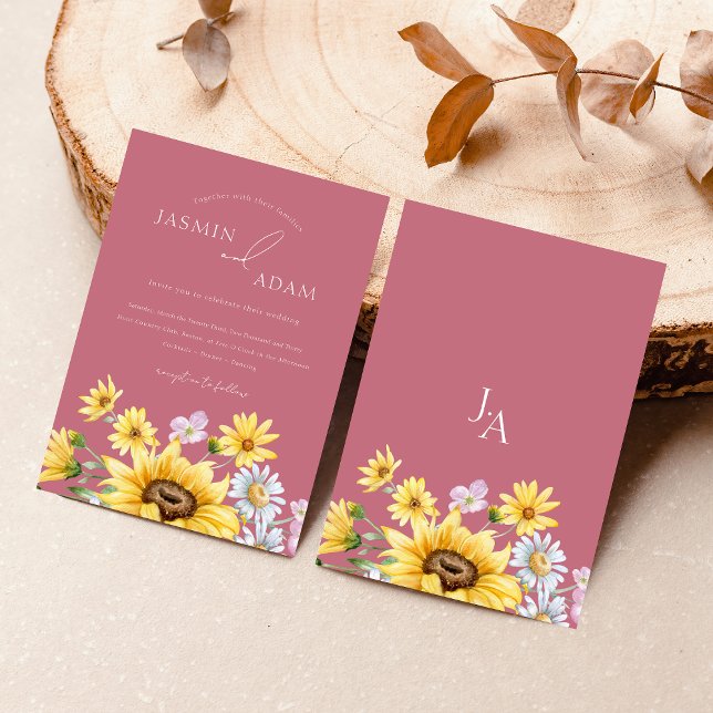 Magenta Pink Sunflower Monogram Floral Wedding Invitation (Summer Magenta Pink Sunflowers Monogram Wedding Invitation)