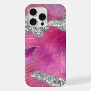 Magenta Pink Swirl Agate Geode Silver Glitter iPhone 15 Pro Max Case