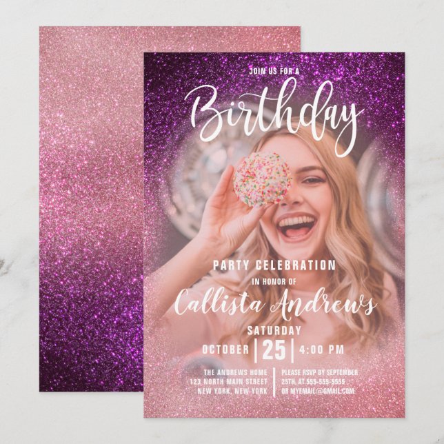 Magenta Pink Triple Glitter Ombre Photo Birthday Invitation (Front/Back)