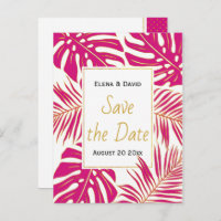 Magenta pink tropical leaves wedding Save the Date