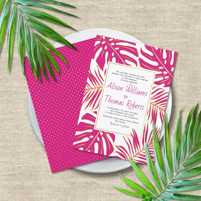 Magenta pink tropical monstera palm leaves wedding invitation (Creator Uploaded)