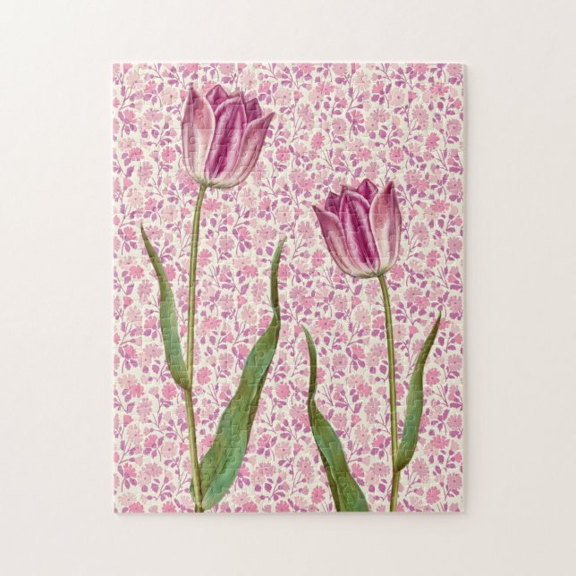 Magenta Pink Tulip Flowers Vintage Art Jigsaw Puzzle (Vertical)