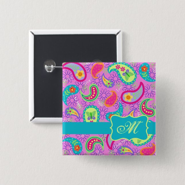 Magenta Pink Turquoise Modern Paisley Monogram 15 Cm Square Badge (Front & Back)