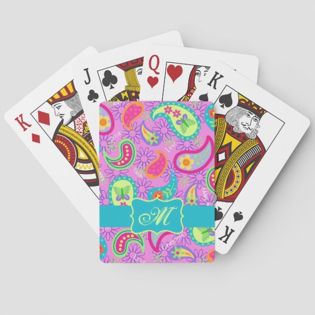 Magenta Pink Turquoise Modern Paisley Monogram Playing Cards (Back)