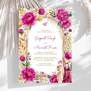 Magenta Pink Watercolor Floral Arch Sikh Wedding Invitation