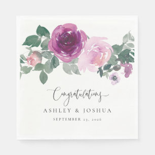 Magenta Pink Watercolor Floral Ivory Wedding Napkin