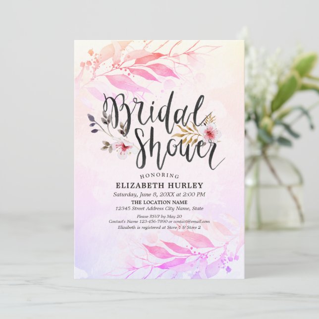 Magenta Pink Watercolor Leaf Floral Bridal Shower Invitation (Standing Front)
