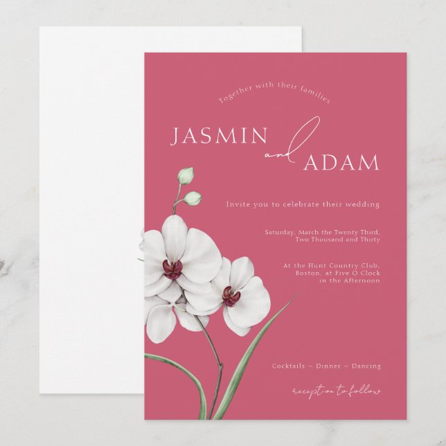 Magenta Pink White Orchid Initials Wedding Invitation (Front/Back)