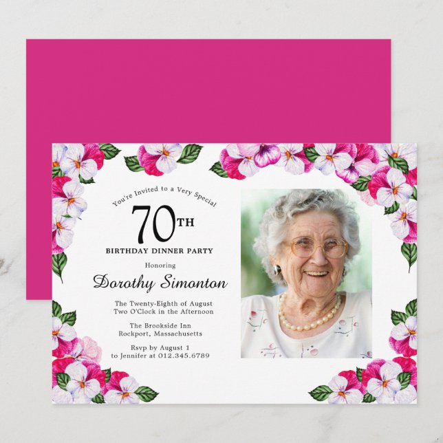 Magenta Pink White Photo 70th Birthday Dinner Invitation (Front/Back)