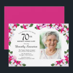 Magenta Pink White Photo 70th Birthday Dinner Invitation<br><div class="desc">An elegant frame of watercolor pansies surrounds your 70th birthday party details and photo. The bright and colourful magenta, pink and white floral is perfect for a spring or summer birthday celebration. All of the text is editable so you can create just the right vibe. The back of the invitation...</div>