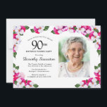 Magenta Pink White Photo 90th Birthday Dinner Invitation<br><div class="desc">An elegant frame of watercolor pansies surrounds your 90th birthday dinner party details and photo. The bright and colourful magenta, pink and white floral is perfect for a spring or summer birthday celebration. All of the text is editable so you can create just the right vibe. The back of the...</div>