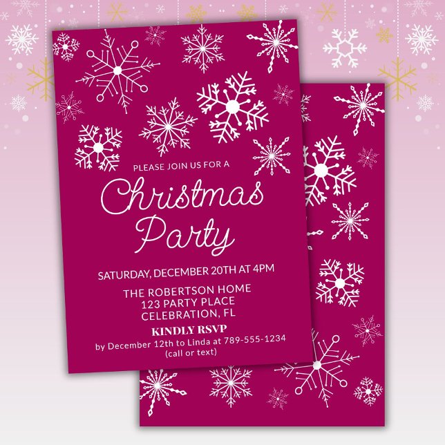 Magenta Pink White Snowflakes Christmas Party Invitation (Creator Uploaded)