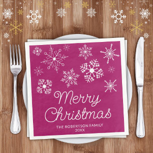 Magenta Pink White Snowflakes Christmas Party Napkin