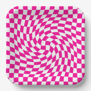 Magenta Pink & White Warped Chic Checkered Pattern Paper Plate