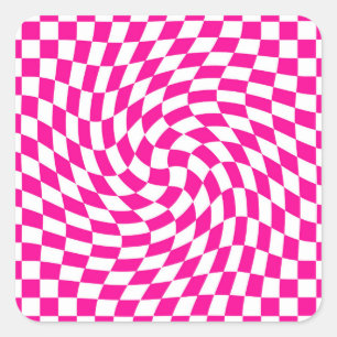 Magenta Pink & White Warped Chic Checkered Pattern Square Sticker