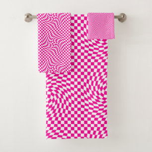 Magenta Pink & White Warped Chic Chequered Pattern Bath Towel Set