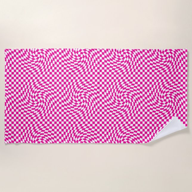 Magenta Pink & White Warped Chic Chequered Pattern Beach Towel (Front)