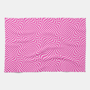 Magenta Pink & White Warped Chic Chequered Pattern Tea Towel