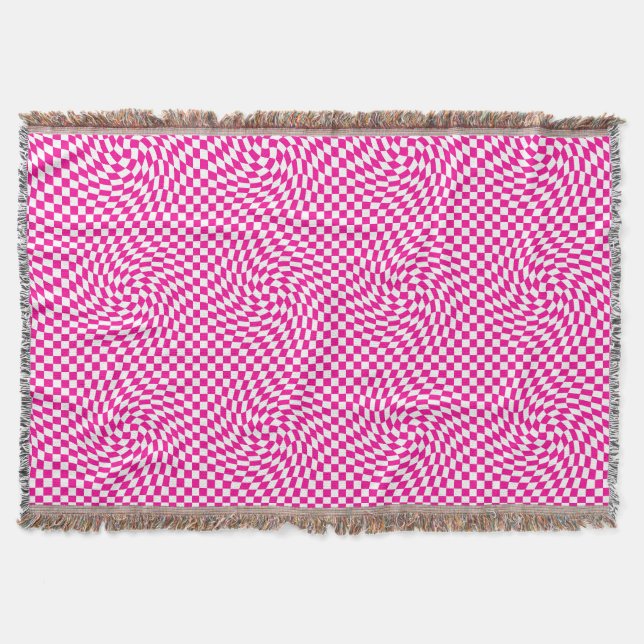 Magenta Pink & White Warped Chic Chequered Pattern Throw Blanket (Front)